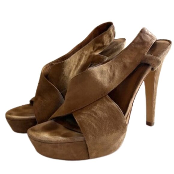 DvF Zia Camel Suede Platform Criss Cross Sandal | 4.5" Heel; 3” Pitch| Sz 8.5 - Picture 3 of 16